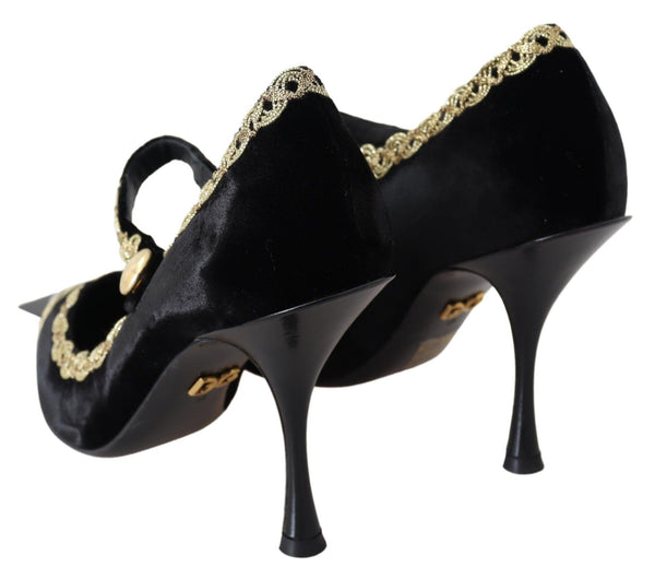 Dolce &amp; Gabbana Black Velvet Gold Mary Janes -pumput