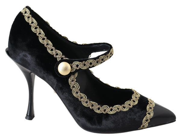 Dolce &amp; Gabbana Black Velvet Gold Mary Janes -pumput