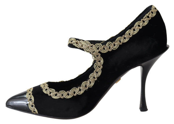 Dolce &amp; Gabbana Black Velvet Gold Mary Janes -pumput