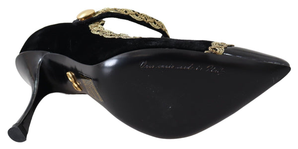 Dolce &amp; Gabbana Black Velvet Gold Mary Janes -pumput