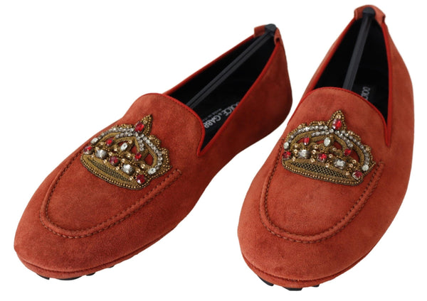 Dolce &amp; Gabbana Orange Leather Crystal Crown Loafers -kengät