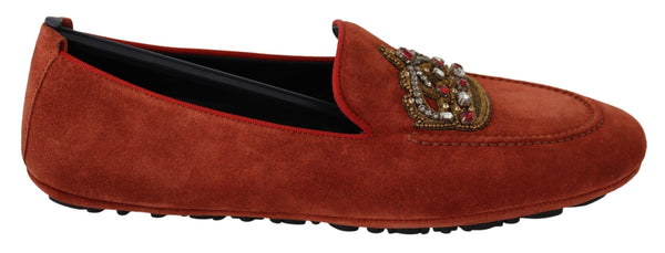 Dolce &amp; Gabbana Orange Leather Crystal Crown Loafers -kengät