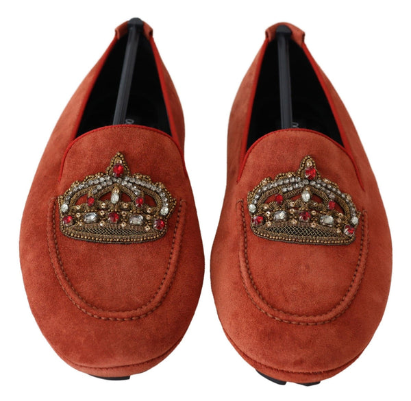 Dolce &amp; Gabbana Orange Leather Crystal Crown Loafers -kengät