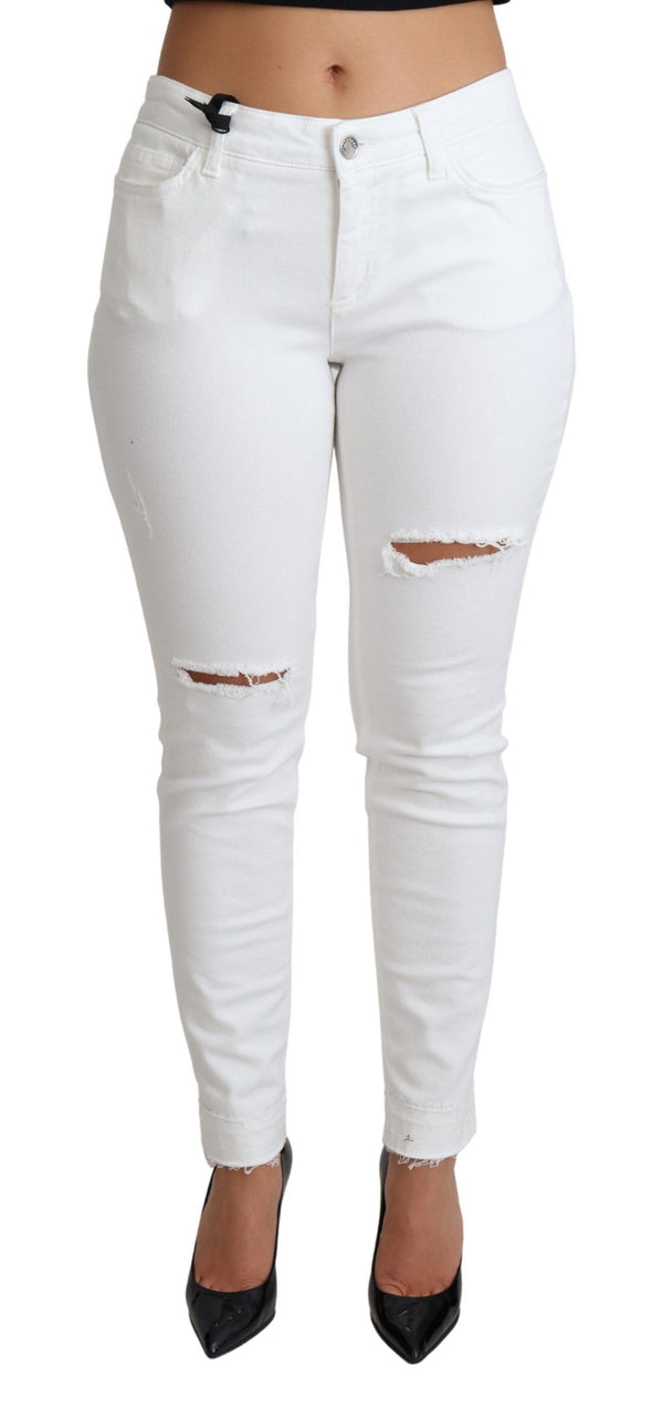 Dolce &amp; Gabbana White Tattered Skinny Denim Cotton Stretch Farkut