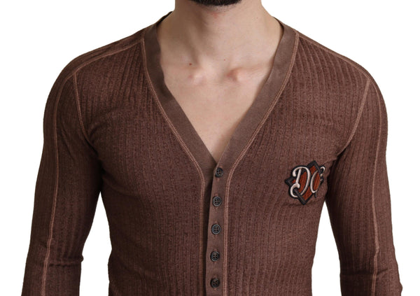 Dolce &amp; Gabbana Brown Logo Button Neuletakki V-kaula-aukolla