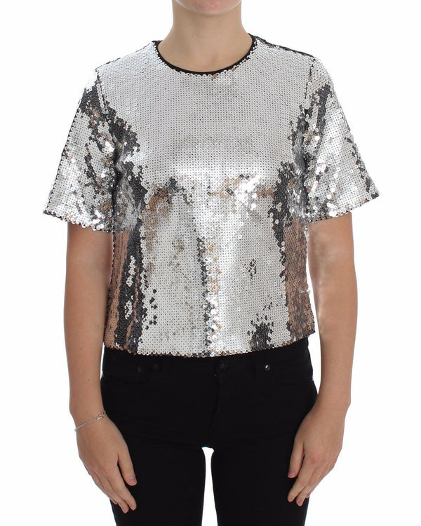 Dolce &amp; Gabbana Silver Sequined Crewneck Pusero T-paita Top