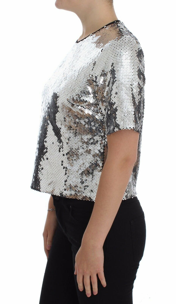 Dolce &amp; Gabbana Silver Sequined Crewneck Pusero T-paita Top