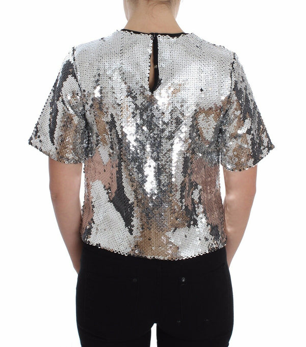 Dolce &amp; Gabbana Silver Sequined Crewneck Pusero T-paita Top