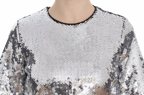 Dolce &amp; Gabbana Silver Sequined Crewneck Pusero T-paita Top