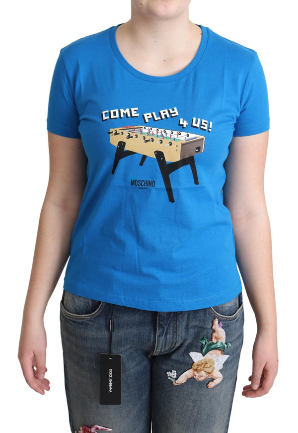 Moschino Blue Cotton Come Play 4 Us Print T-paita