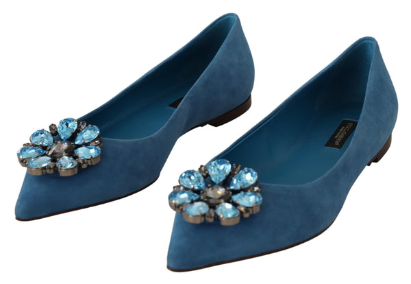 Dolce &amp; Gabbana Blue Suede Crystals Loafers Flats Kengät