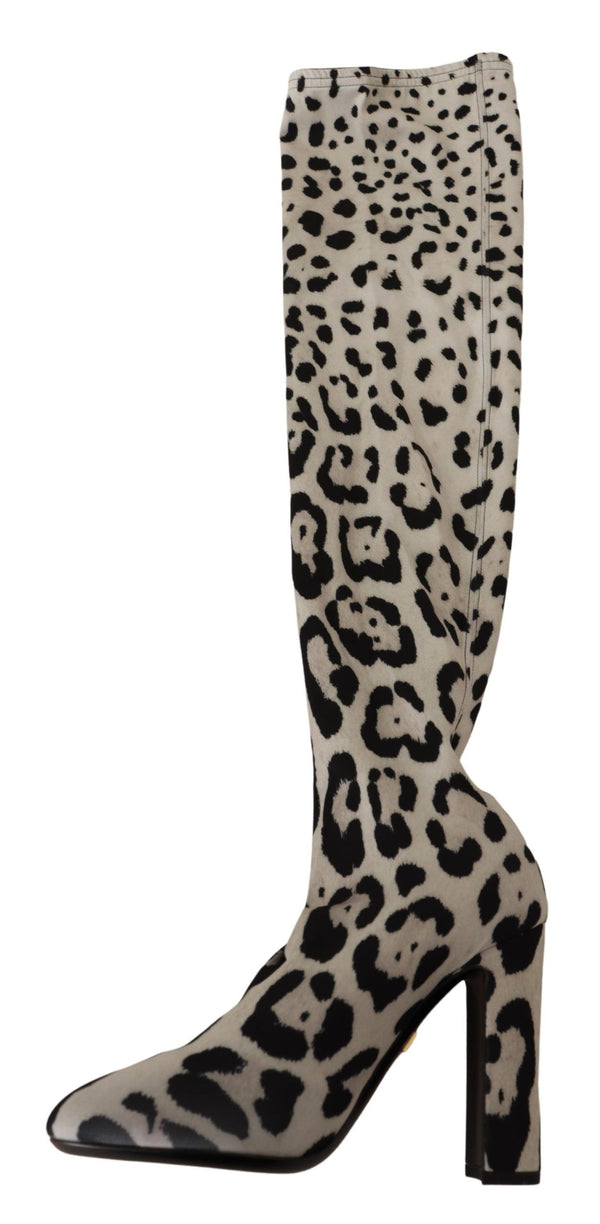 Dolce &amp; Gabbana White Black Leopard Stretch -pitkät saappaat