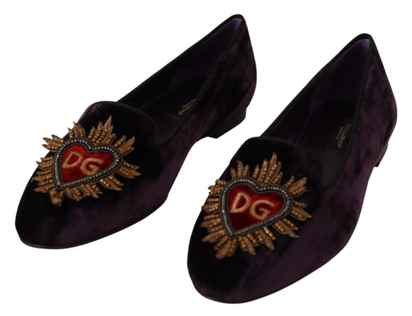 Dolce &amp; Gabbana Purple Velvet DG Heart Loafers Flats -kengät