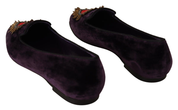 Dolce &amp; Gabbana Purple Velvet DG Heart Loafers Flats -kengät