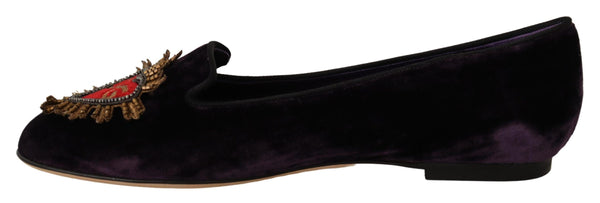 Dolce &amp; Gabbana Purple Velvet DG Heart Loafers Flats -kengät