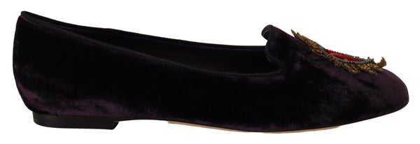 Dolce &amp; Gabbana Purple Velvet DG Heart Loafers Flats -kengät