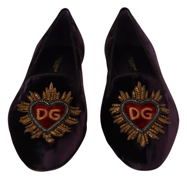 Dolce &amp; Gabbana Purple Velvet DG Heart Loafers Flats -kengät