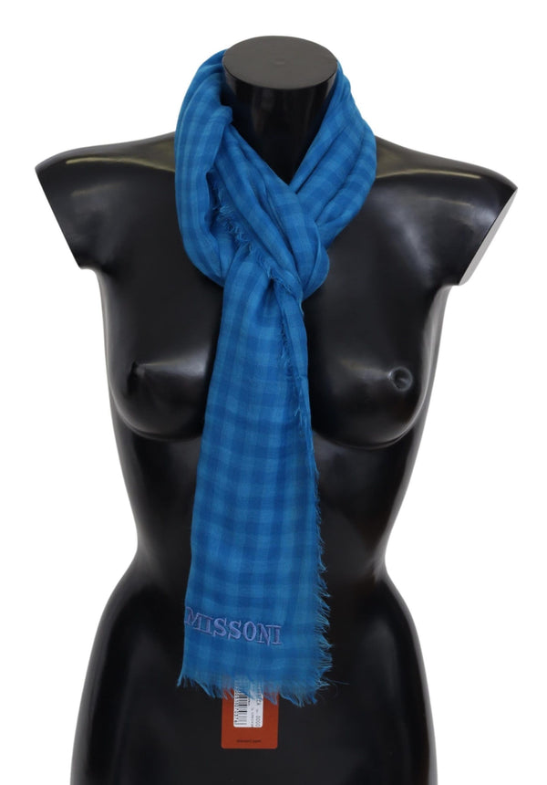 Missoni Blue Checkered Cashmere Unisex Wrap Fringes -huivi