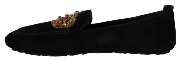 Dolce &amp; Gabbana mustat nahkaiset Crystal Gold Crown Loafers -kengät