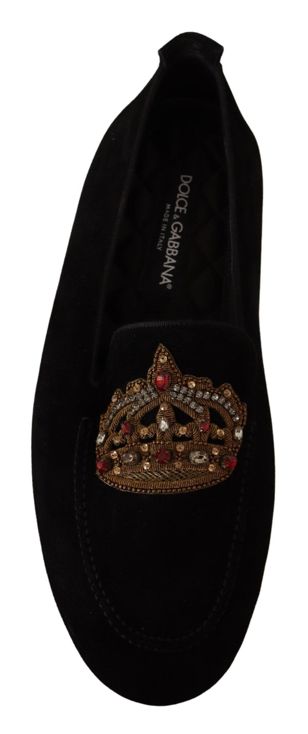 Dolce &amp; Gabbana mustat nahkaiset Crystal Gold Crown Loafers -kengät