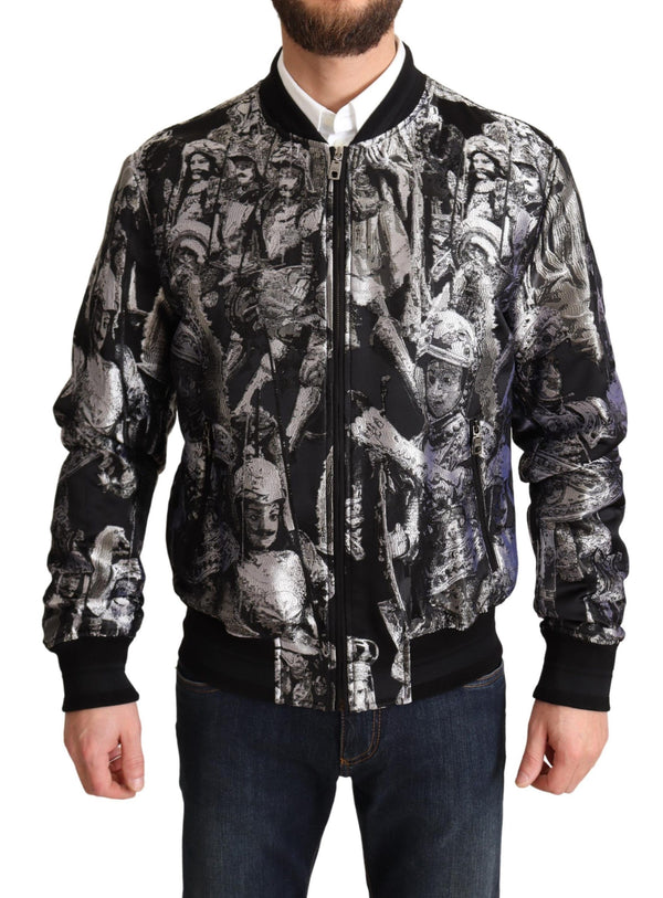 Dolce &amp; Gabbana Black Silver Puppi Motive Bomber -takki