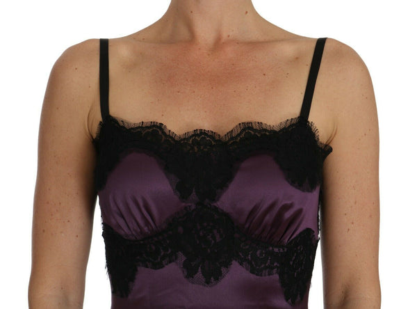 Dolce &amp; Gabbana Purple Silk Stretch Black Lace A-linjainen mekko