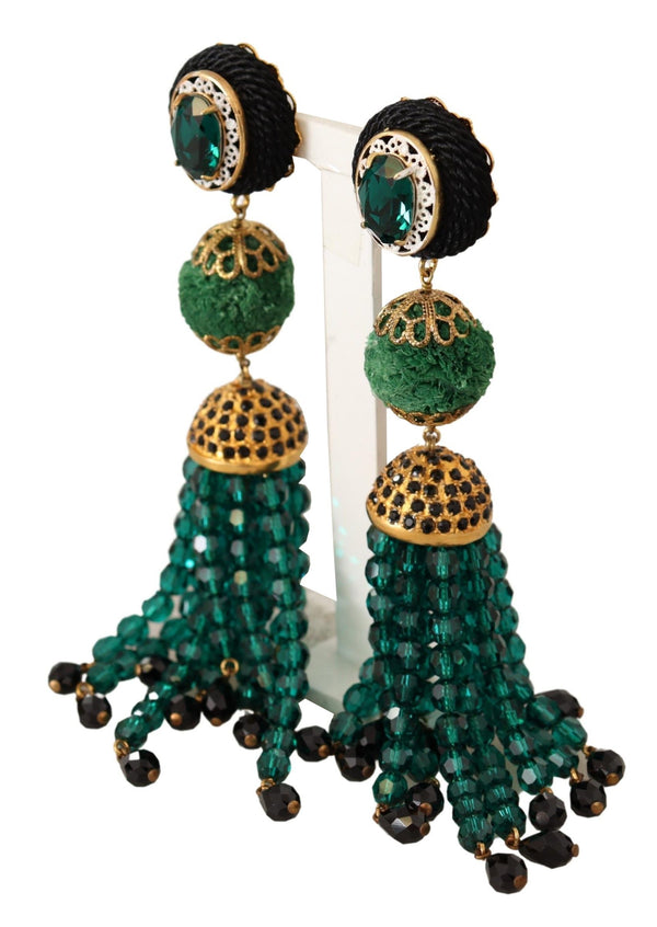 Dolce &amp; Gabbana Green Crystals Gold Tone Drop Clip-on Dangle korvakorut