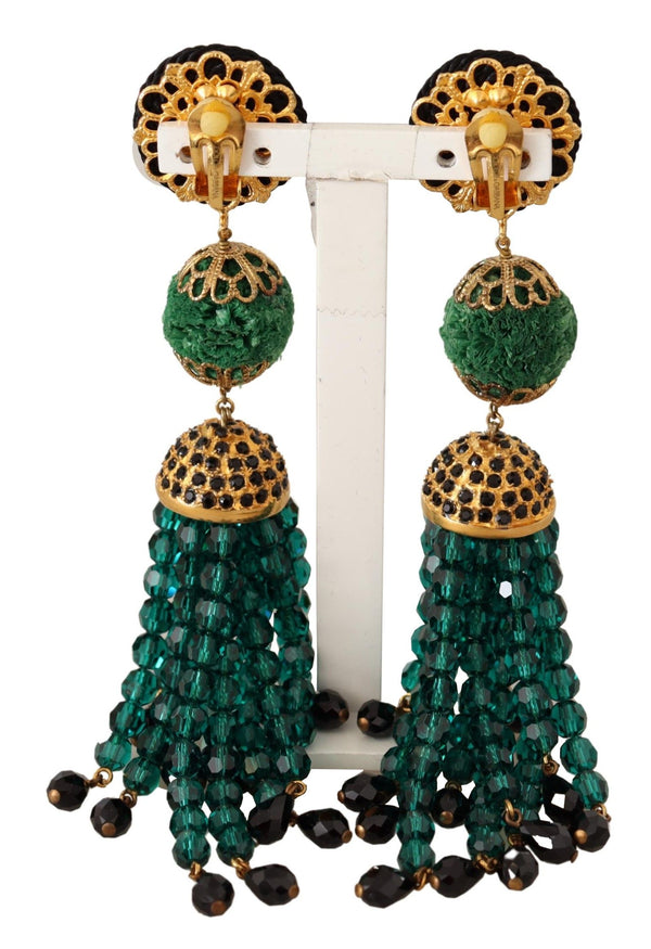 Dolce &amp; Gabbana Green Crystals Gold Tone Drop Clip-on Dangle korvakorut