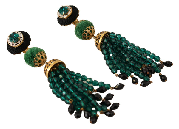 Dolce &amp; Gabbana Green Crystals Gold Tone Drop Clip-on Dangle korvakorut