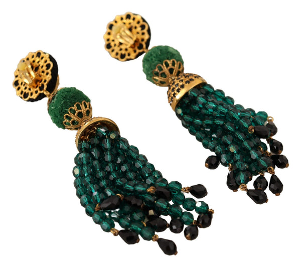 Dolce &amp; Gabbana Green Crystals Gold Tone Drop Clip-on Dangle korvakorut