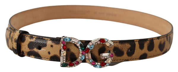 Dolce &amp; Gabbana Brown Leopard Leather DG Crystals -solkivyö