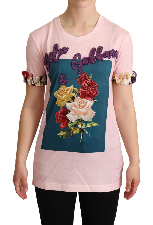 Dolce &amp; Gabbana Pink Cotton Floral Roses Crewneck T-paita