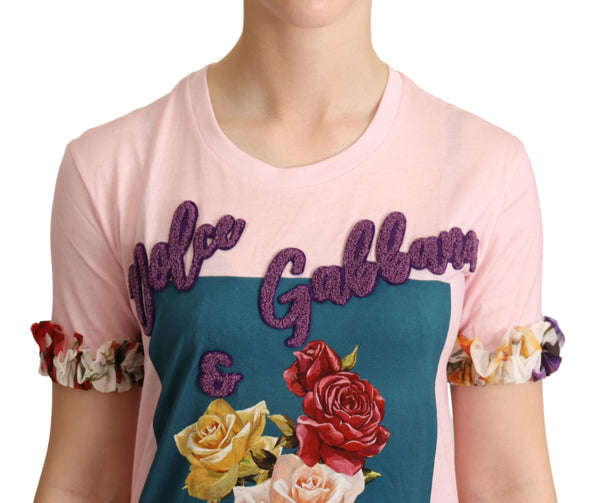 Dolce &amp; Gabbana Pink Cotton Floral Roses Crewneck T-paita