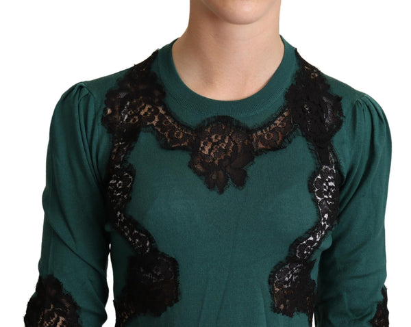 Dolce & Gabbana Elegant Green Pullover with Black Lace Detail