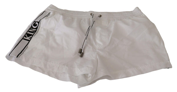 Dolce & Gabbana Elegant White KING Motive Swim Trunks