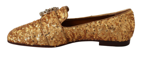 Dolce &amp; Gabbana Gold Sequin Crystal Flat Naisten Loafers -kengät