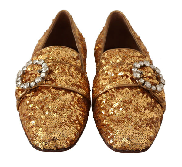 Dolce &amp; Gabbana Gold Sequin Crystal Flat Naisten Loafers -kengät