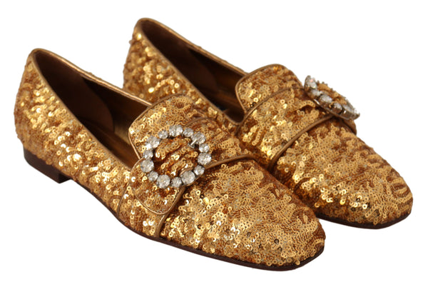 Dolce &amp; Gabbana Gold Sequin Crystal Flat Naisten Loafers -kengät