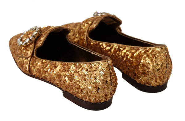 Dolce &amp; Gabbana Gold Sequin Crystal Flat Naisten Loafers -kengät