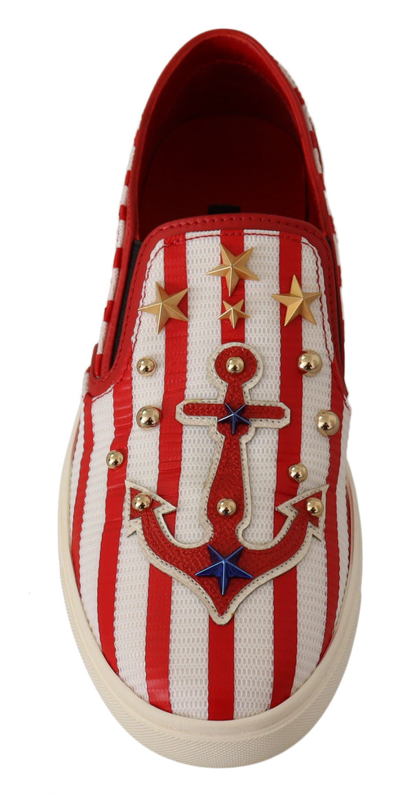 Dolce &amp; Gabbana Red White Anchor Studded Loafers -kengät