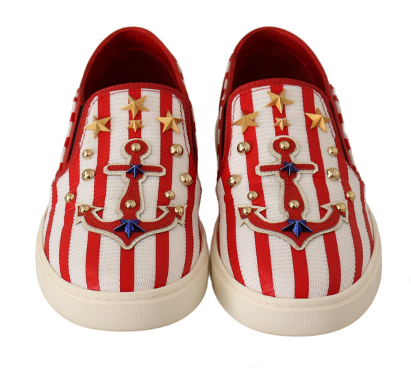 Dolce &amp; Gabbana Red White Anchor Studded Loafers -kengät