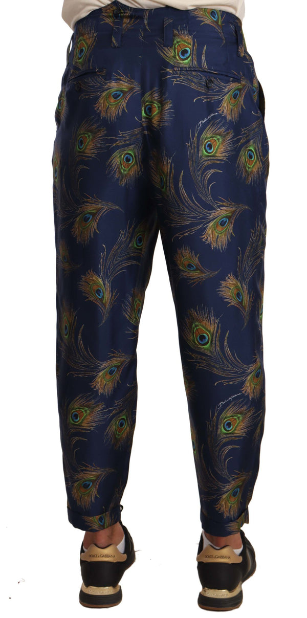 Dolce &amp; Gabbana Blue Peacock Print kapenevat housut silkkihousut