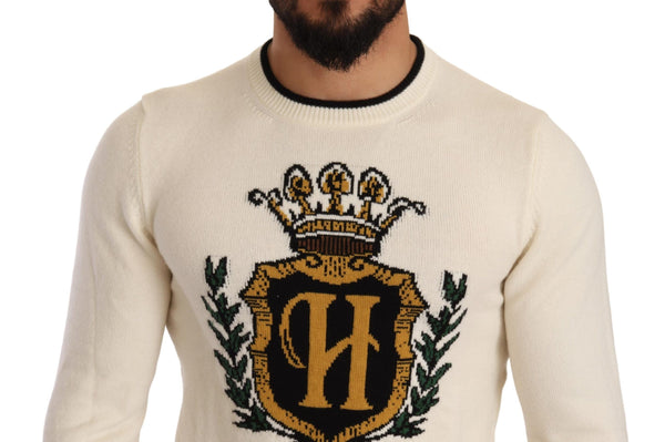 Dolce & Gabbana White Heraldic Cashmere Pullover Sweater