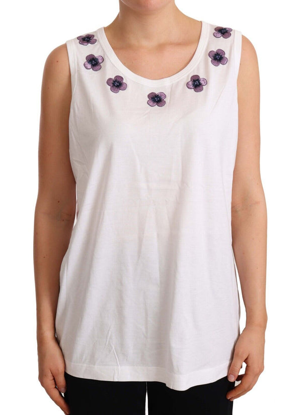 Dolce &amp; Gabbana White Cotton Floral Embroidery Tank T-paita