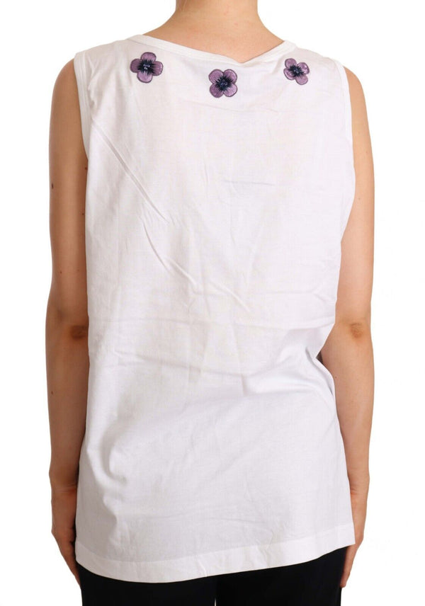 Dolce &amp; Gabbana White Cotton Floral Embroidery Tank T-paita