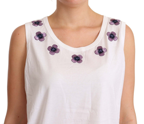 Dolce &amp; Gabbana White Cotton Floral Embroidery Tank T-paita