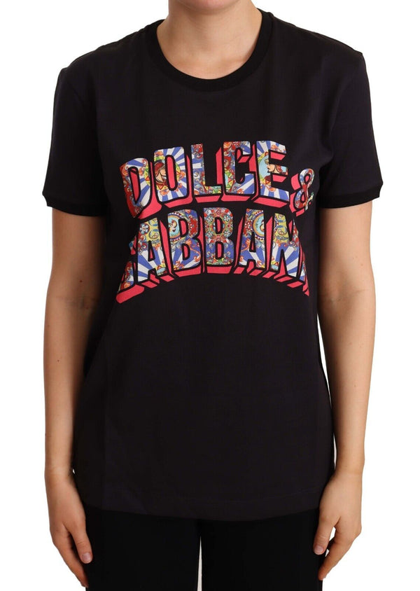 Dolce &amp; Gabbana Black Cotton Large Print Top Crewneck T-paita