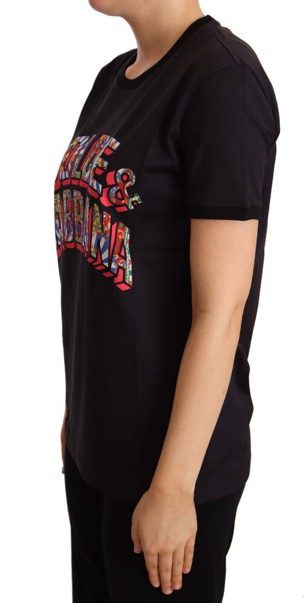 Dolce &amp; Gabbana Black Cotton Large Print Top Crewneck T-paita