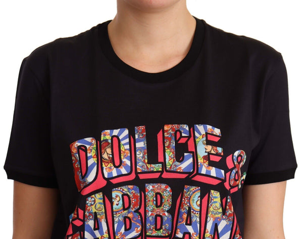 Dolce &amp; Gabbana Black Cotton Large Print Top Crewneck T-paita