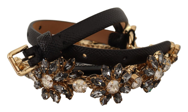 Dolce &amp; Gabbana Black Daisy Crystal Dauphine Texture Belt